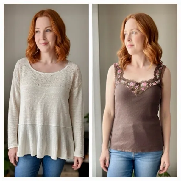 Lot of 2 FREE PEOPLE Cream Lace Light Sweater & Brown Ribbed Tank Rose Lace S/M - Image 2