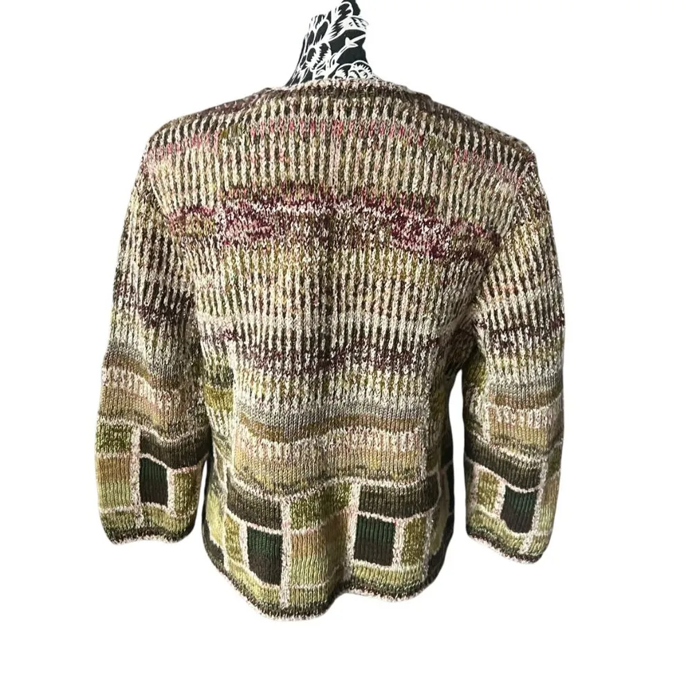 Peruvian Connection Cardigan Pima Cotton Patchwork Floral Button Down Large - Image 3