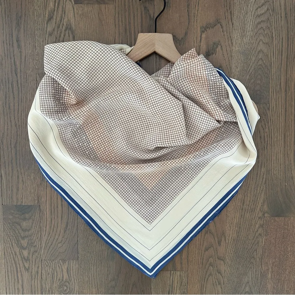 Vintage Anthro 100% Silk Crepe Scarf Grid Print Cream, Rust, Blue 34" Square - Image 2