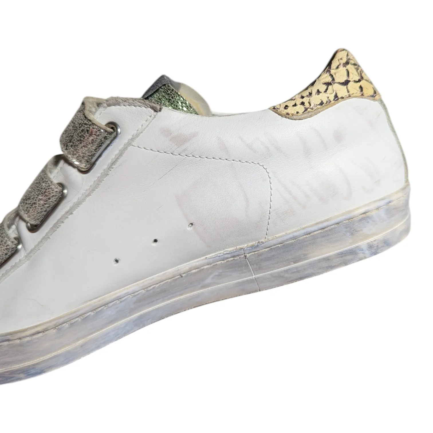 P448 John Green Silver Metallic White Leather Hook and Loop Sneakers 40 9.5 - Image 4