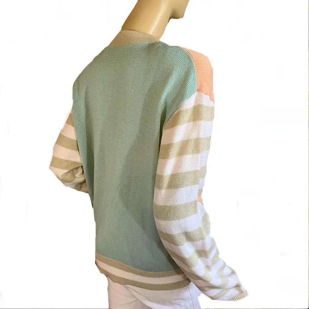 VINTAGE 1990'S PEACH, MINTY BLUE & TAUPE PASTEL COLOR BLOCK CARDIGAN (L) Orange Size L - Image 4