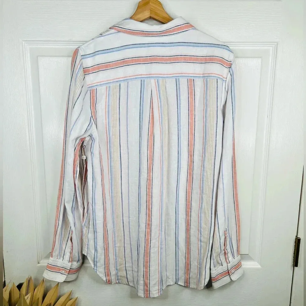 Caslon Women's White Striped Button-Up Shirt Multicolor Size M Linen Blend - Image 3