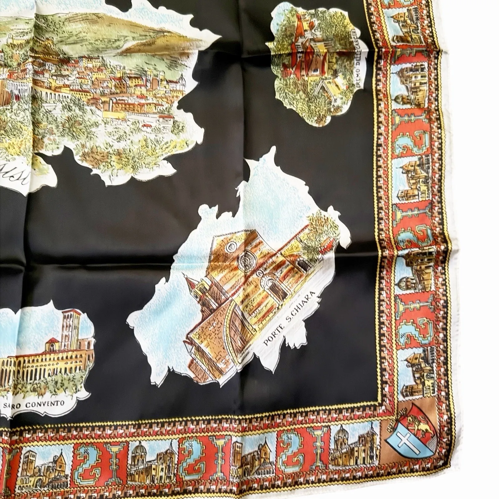 VTG Assisi Italy Souvenir Scarf 26x26" Square Black Tourist Map Landmark Print - Image 5