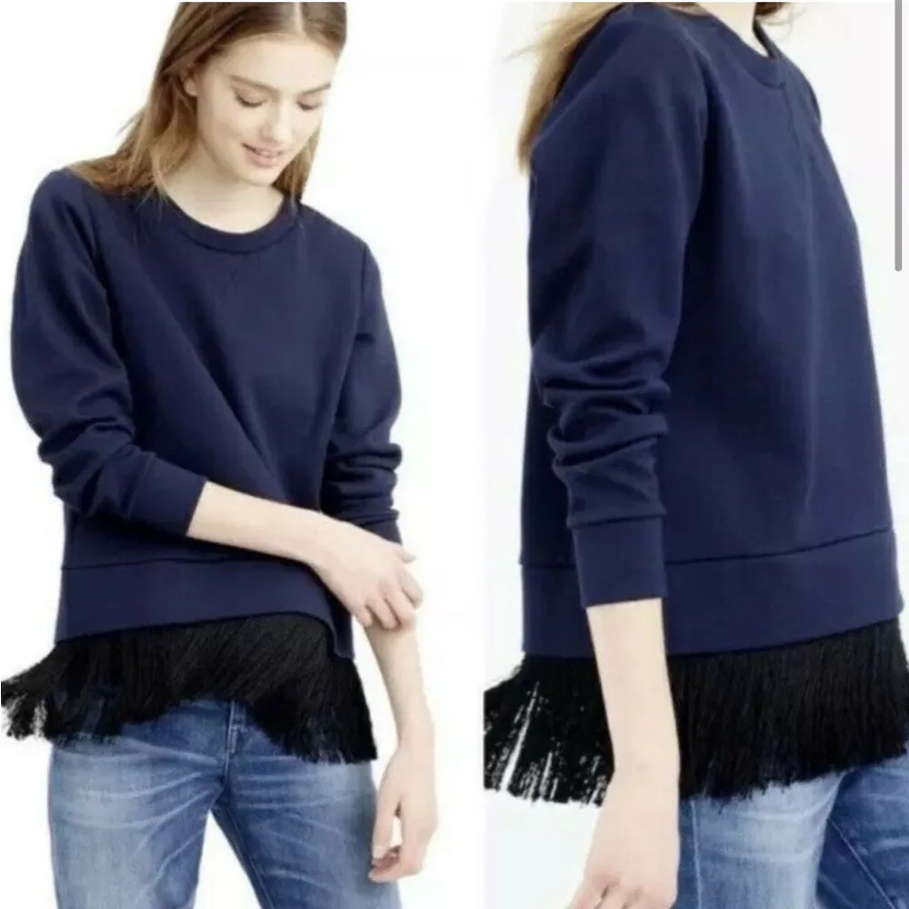 J Crew Fringe Gem Crewneck Sweater Navy Black Fringe XS - Image 4