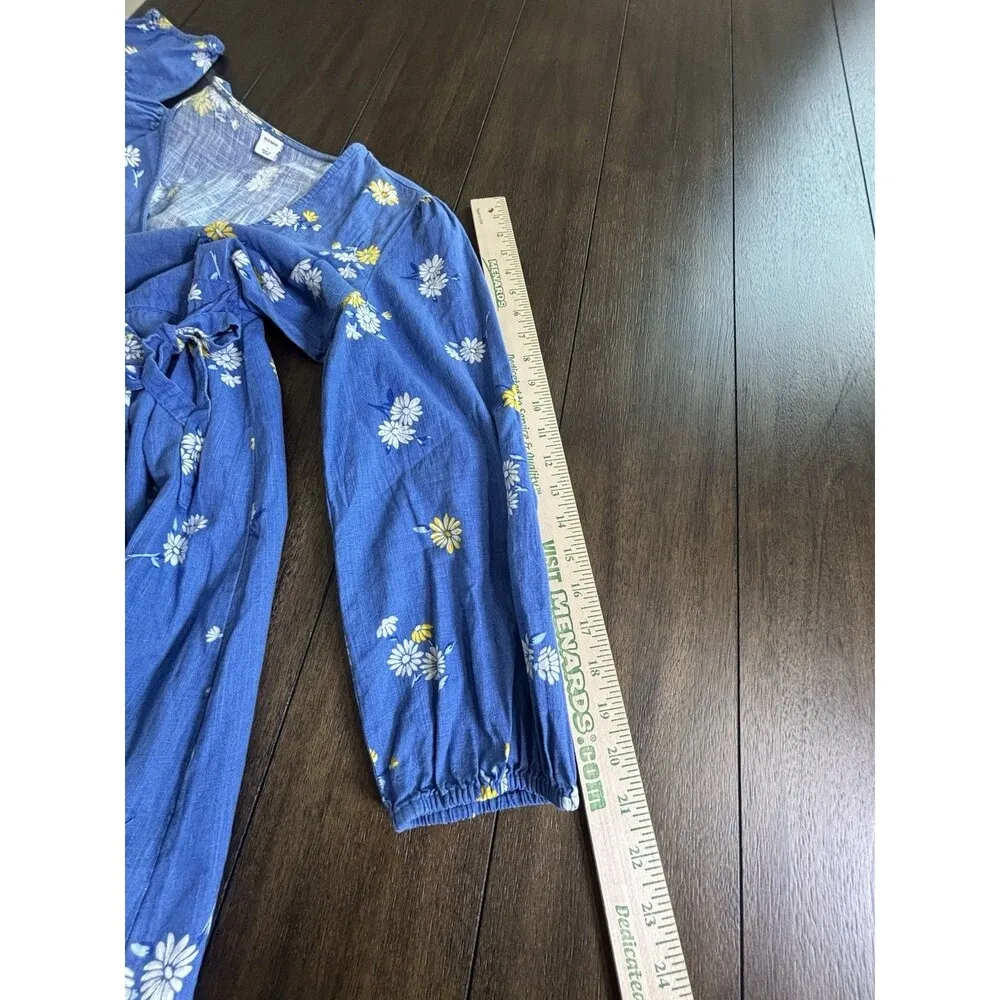 Old Navy Cotton Blue Wrap Front Dress Long Sleeve Yellow Floral Daisy Large - Image 5