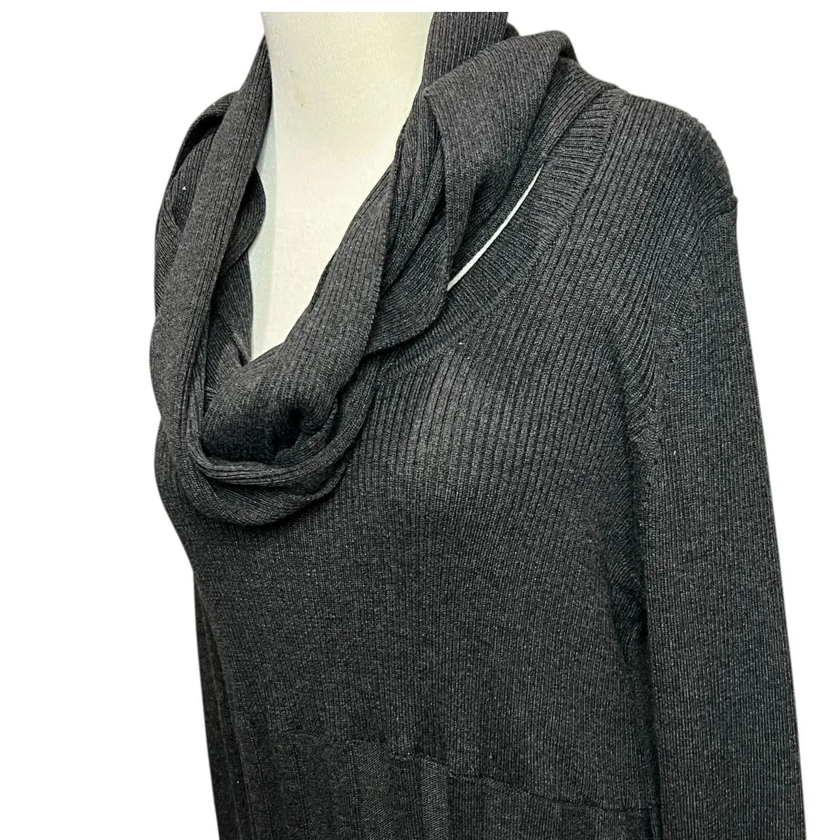 Dana Buchman Sweater Dress With Scarf XL Gray Ribbed Fit Flare Timeless Career - Image 3
