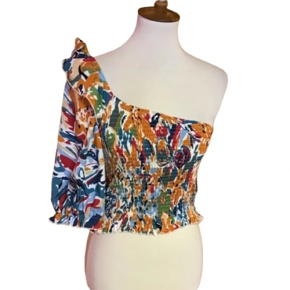 Boho Colorful One Shoulder Ruffle Sleeve Smocked Crop Top Size M - Image 2
