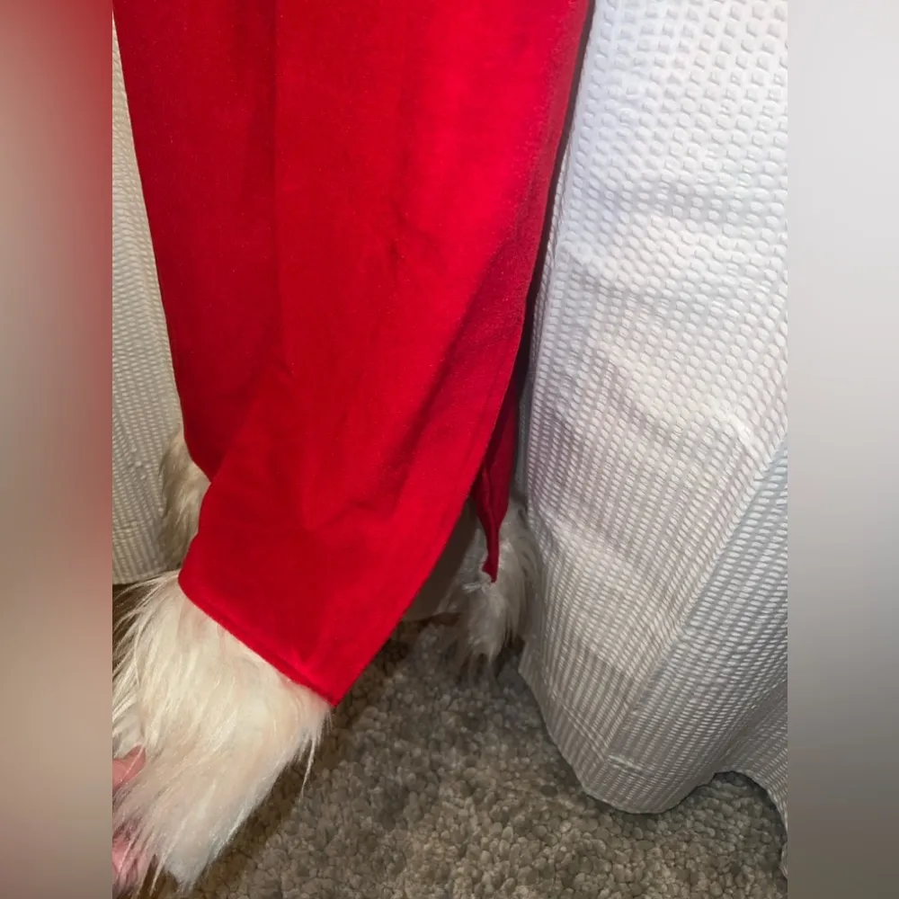 Vtg Mrs Claus Red Velvet Bib Apron Dress w White Faux Fur lined bottom, handmade Size XL - Image 9