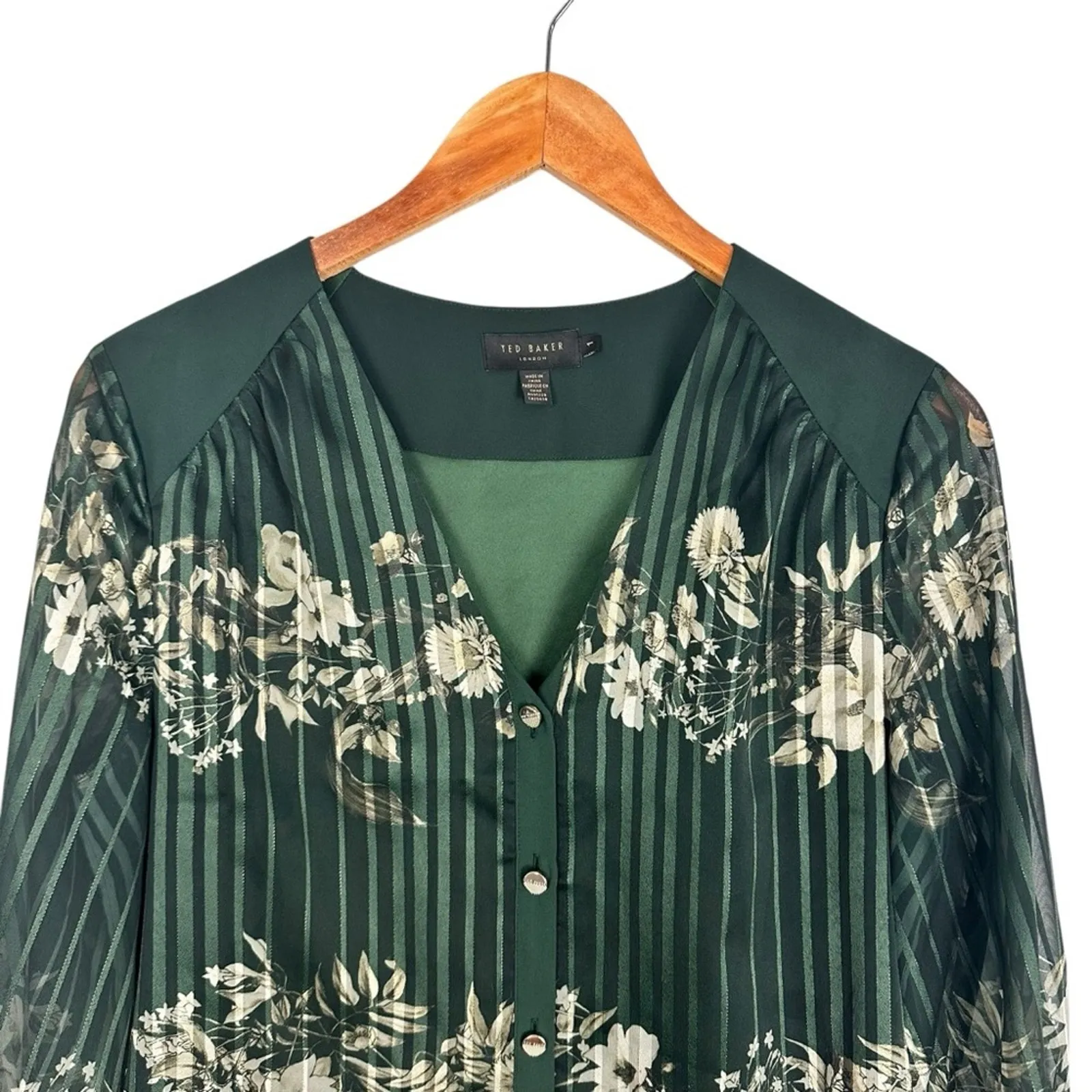 Ted Baker Evelin Floral Print Metallic Crepe Long Sheer Sleeve Green Blouse Sz 4 - Image 9