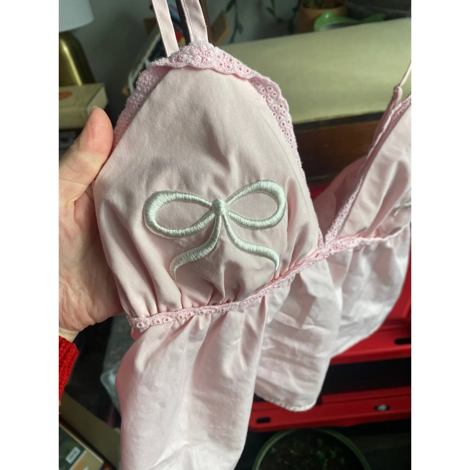 Embroidered Bow Babydoll Pink Cami Top Y2K Flirty Cherry Girl Festival Coquette Size L - Image 3