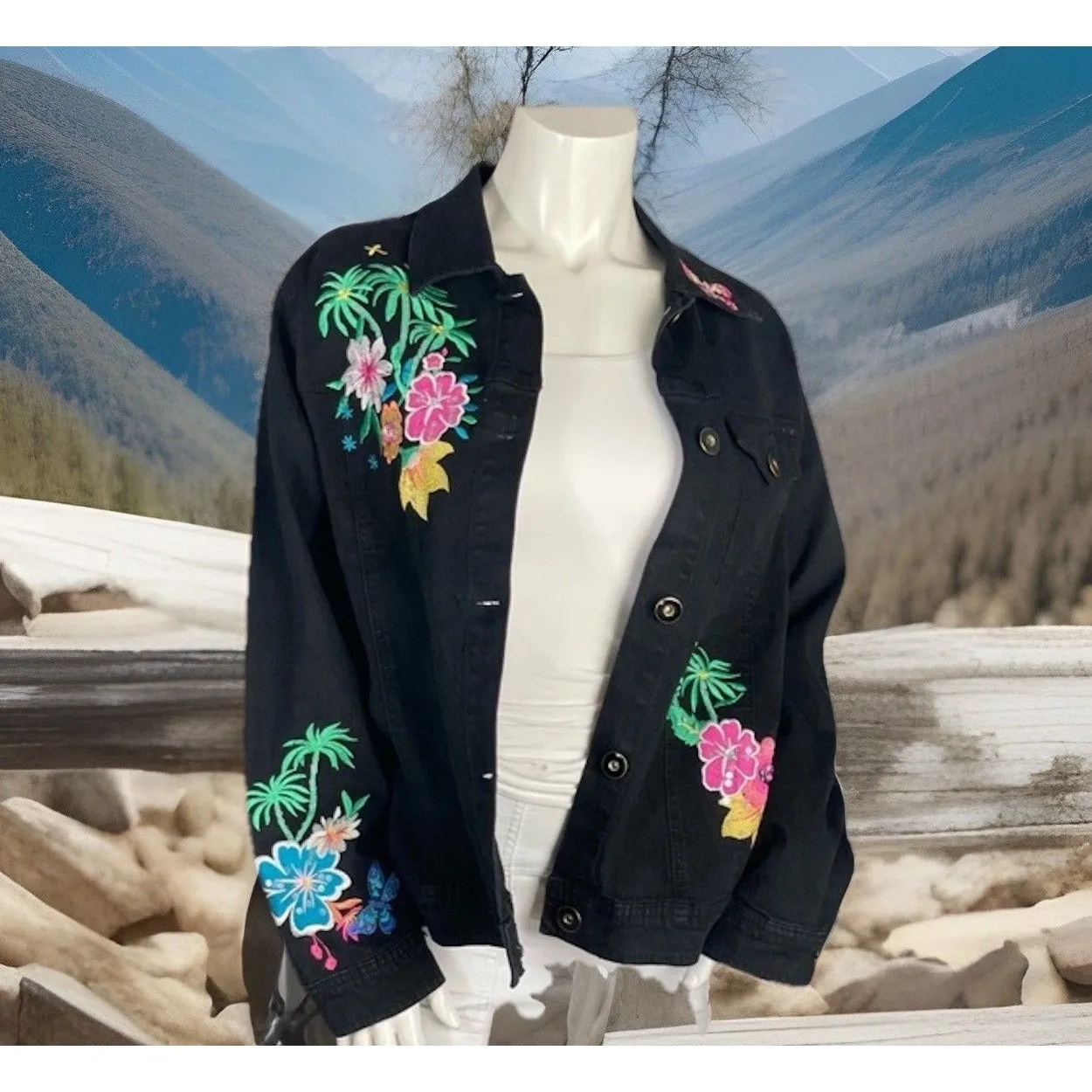 Y2K DG2 by Diane Gilman DenimJacket M Embroidered FloralTropical Bright Cottage - Image 6