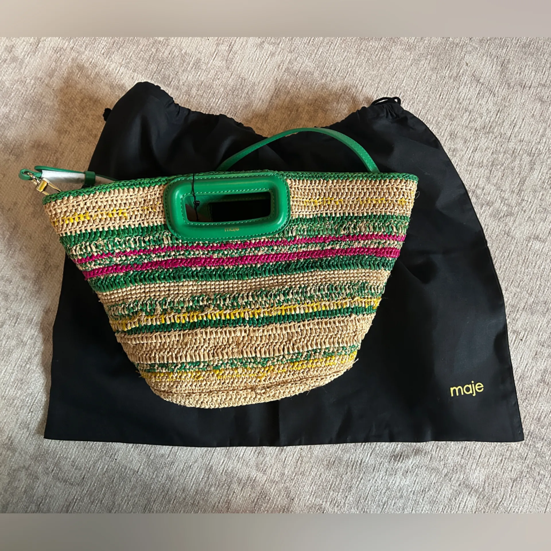 Maje Mini striped raffia basket in Casino Green NWT - Image 5