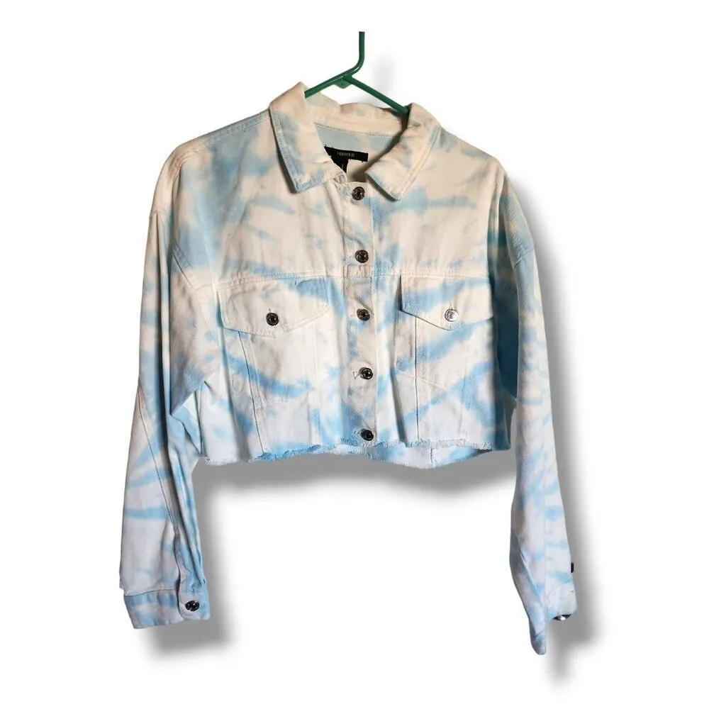 Forever 21 Womens Blue Jean All-Over Tie Dye Cloud Button Denim Jacket sz L Boho - Image 3