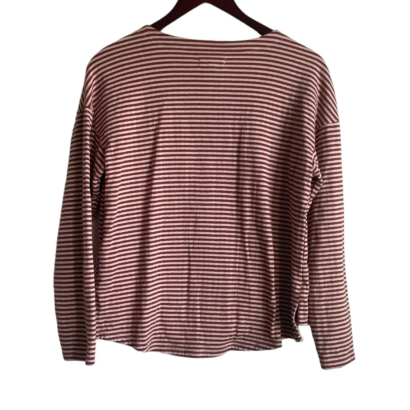 Madewell Women Top S‎ Red Tan Striped 1/4 Button Popover Soft Rustic Western - Image 3