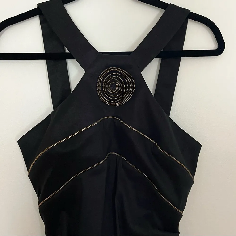 Betsy & Adam Black Knee Length Cocktail Dress Rouching and Zipper Flower Detail - Image 3