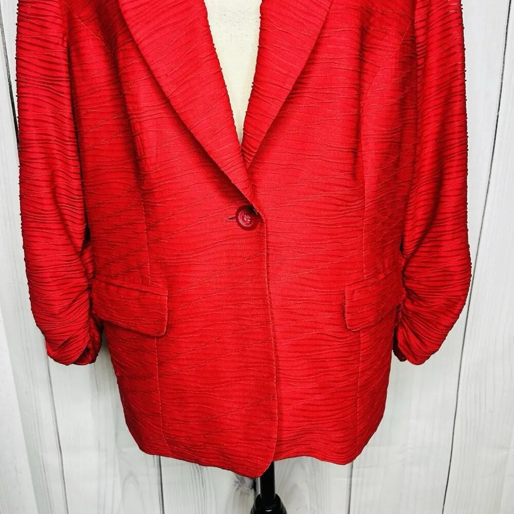 Chico's Womens Red Textured One-Button Ruched Sleeve Blazer Size 2 Large - Image 3