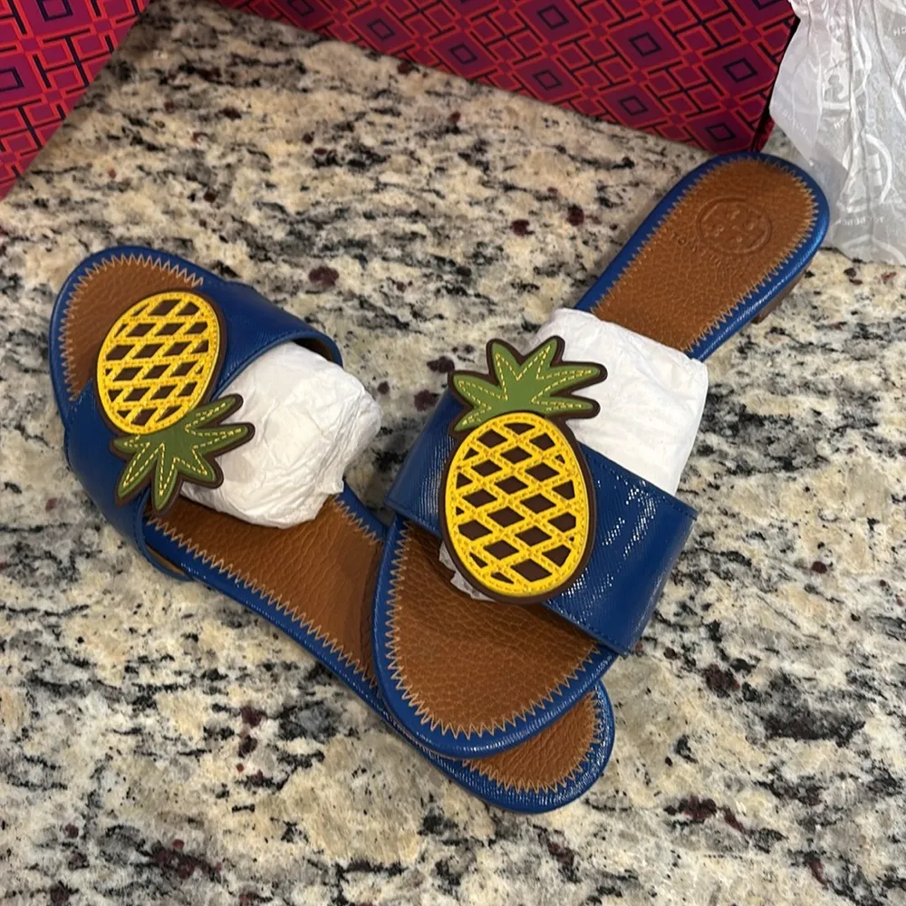 Tory Burch Neptune pineapple flat all leather slide sandals - Image 4