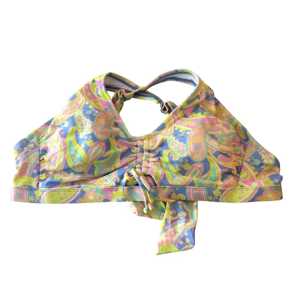 California Sunshine Cinched-Front Tie-Back Bikini Top Paisley Pink Blue 1X - Image 3