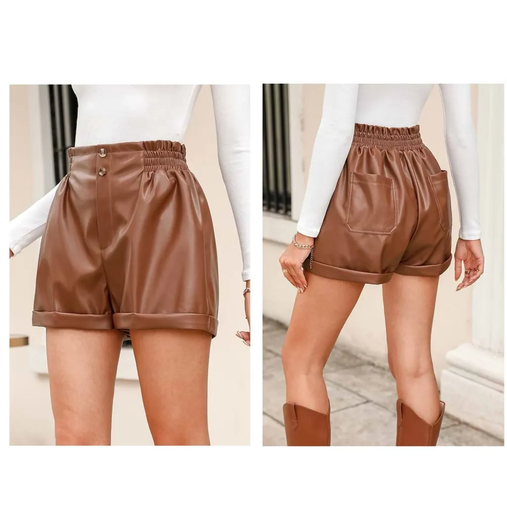 CUPSHE Franny Vegan Leather Paperbag Shorts Women’s Sz XL Brown High Rise - Image 4