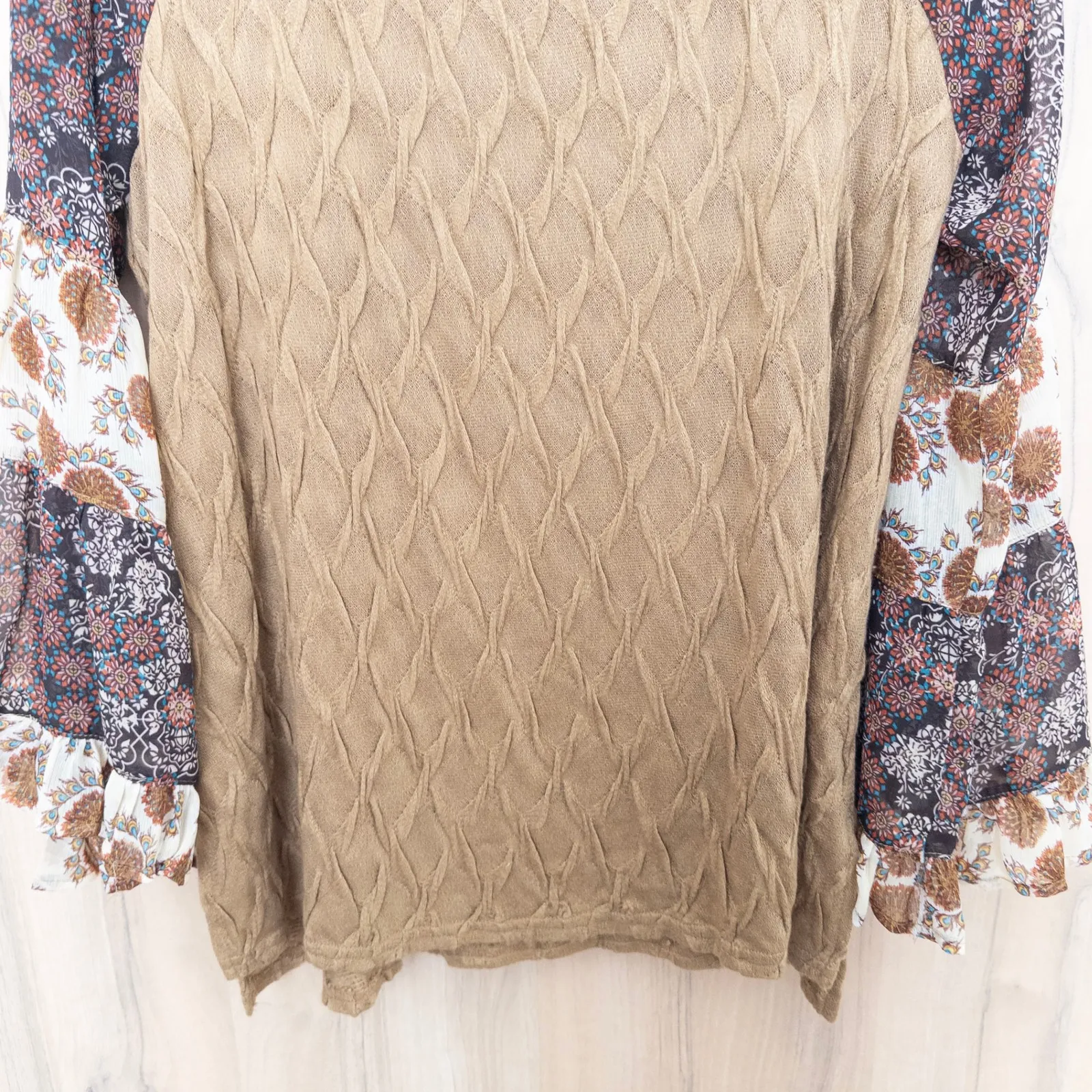 Womens Patchwork Sweater Top Size L Tan Multi Bell Sleeve Boho Forest Fairy Folk - Image 3