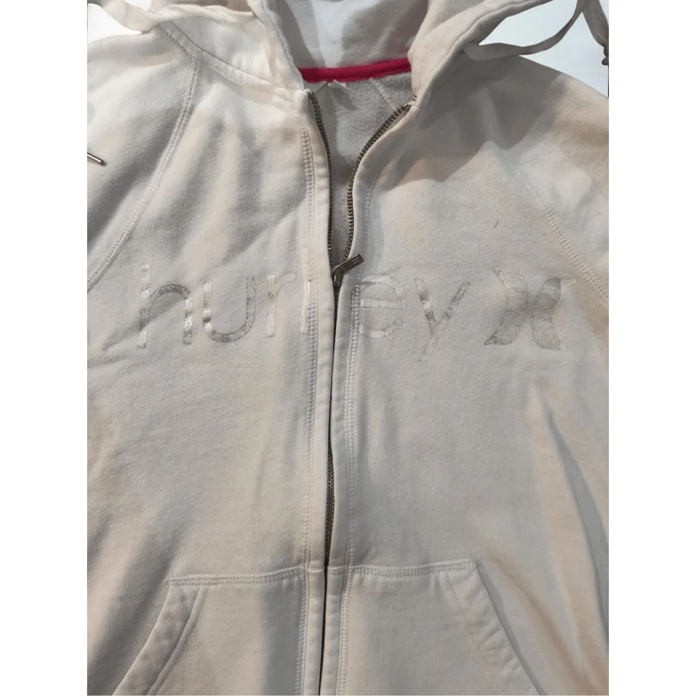 HURLEY Zip Up Hoodie Sweatshirt Womens Cream Full Zip Athleisure Relaxed Size XS White - Image 3