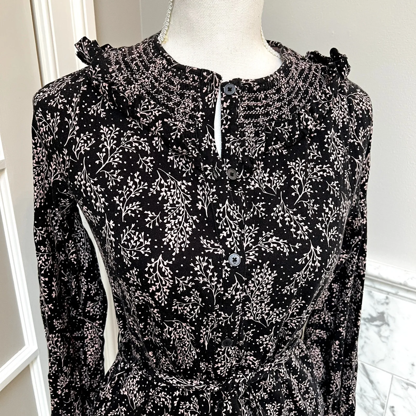 Boden Cotton Jersey Smocked Milkshake Leaf Sprig Fall Floral Size 6 R Dress Black - Image 4