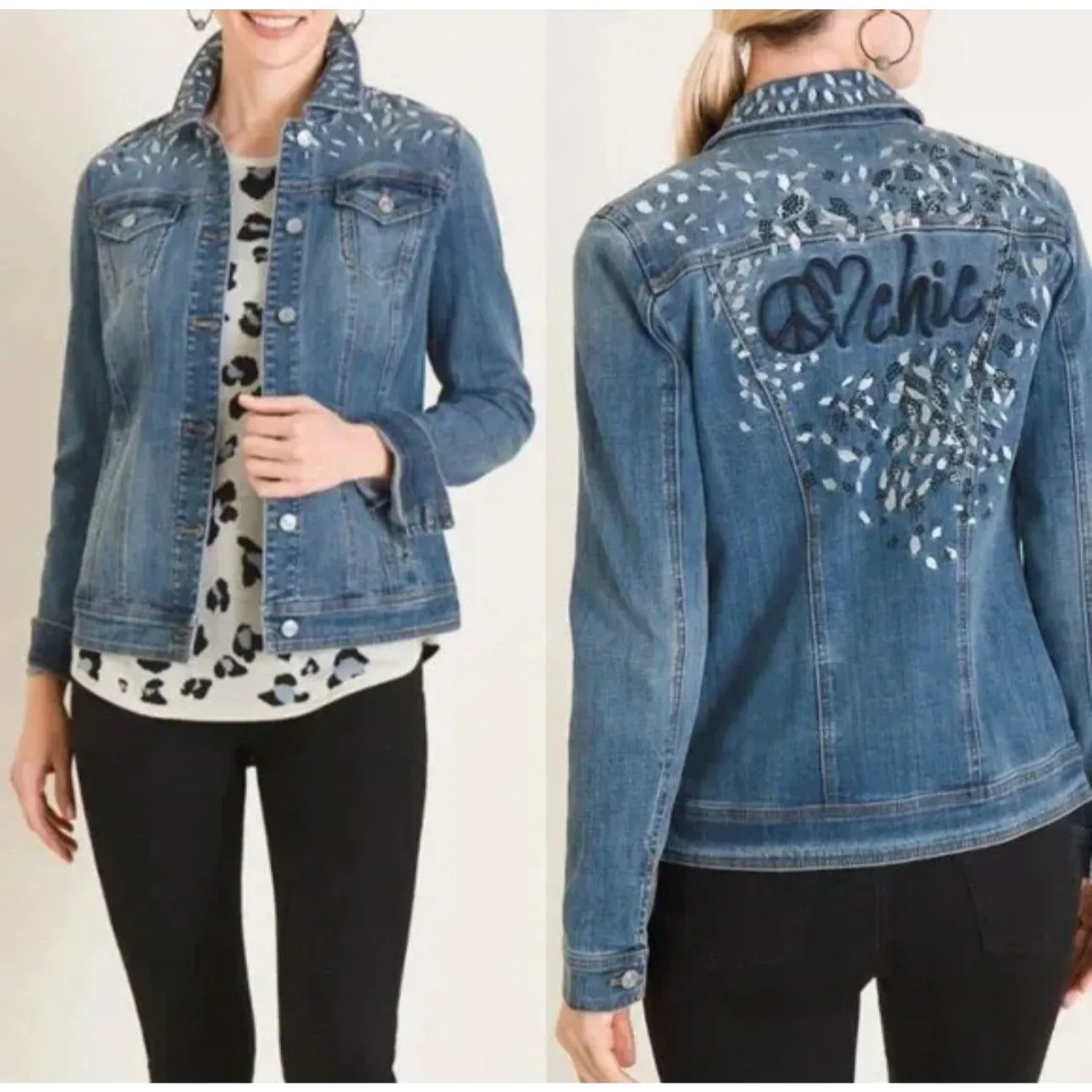Chicos NWT PEACE LOVE CHIC Embroidered‎ Denim Jean Jacket Size 1 - Image 5