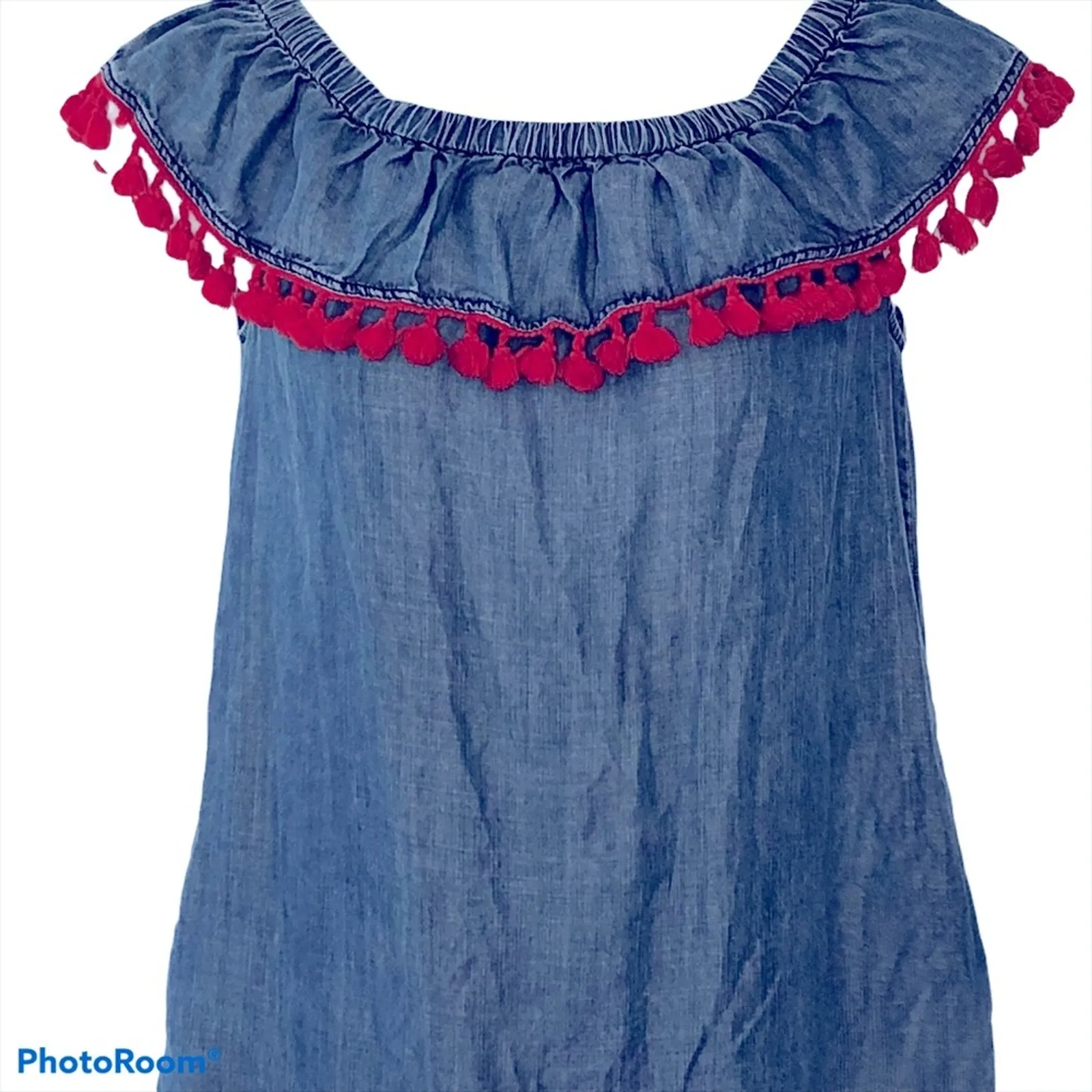 Saks Fifth Avenue Chambray Off Shoulder Tassel Dress Small Blue Red - Image 4