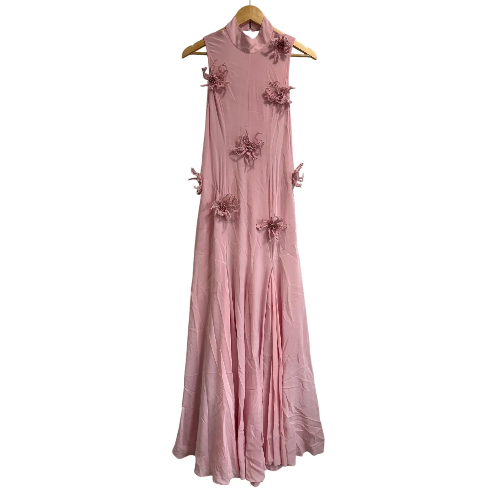 La Fuori 3D Floral Applique Ostrich Feather Pink Silk Backless Dress NWT $780 S - Image 2