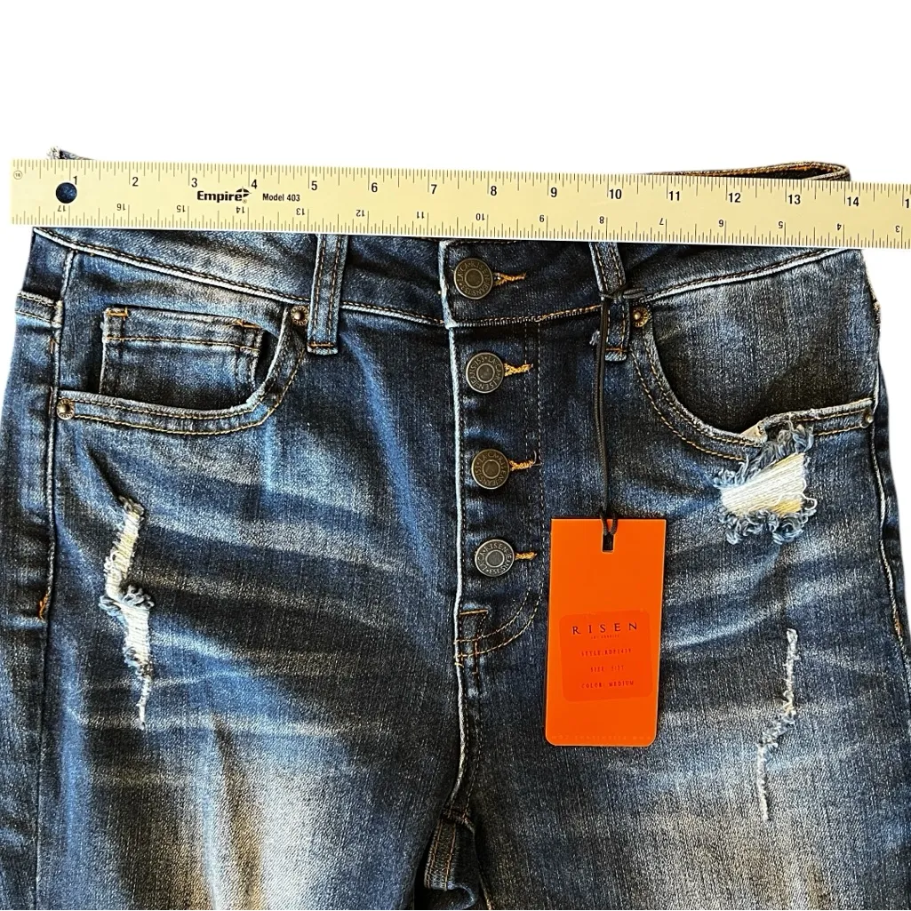 NWT RISEN MID RISE BUTTON FLY DISTRESSED SKINNY JEAN WOMEN’S SIZE 5/27 Blue - Image 11