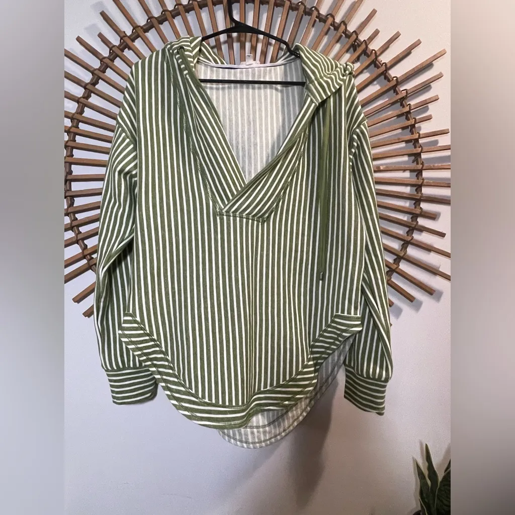 Anthropologie Pilcro Wharfside Striped Hooded Sweatshirt Olive Preppy Nautical - Image 5