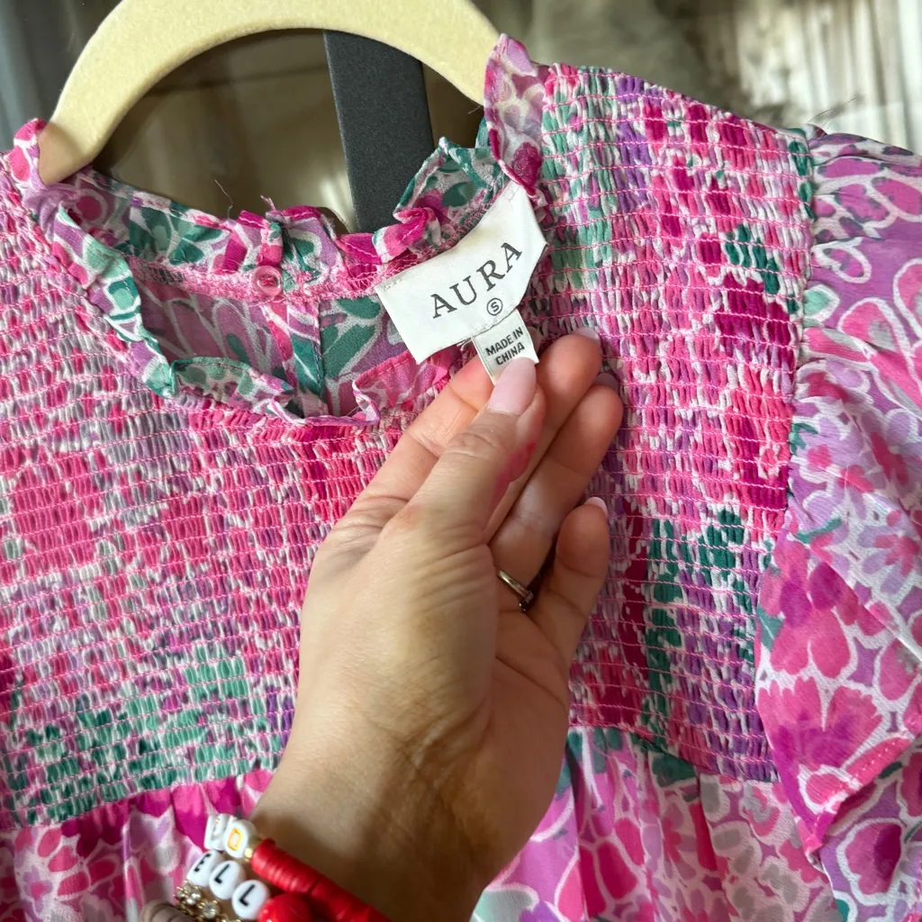 Aura floral smocked dress mini colorful chiffon flutter ruffle short sleeve - Image 2