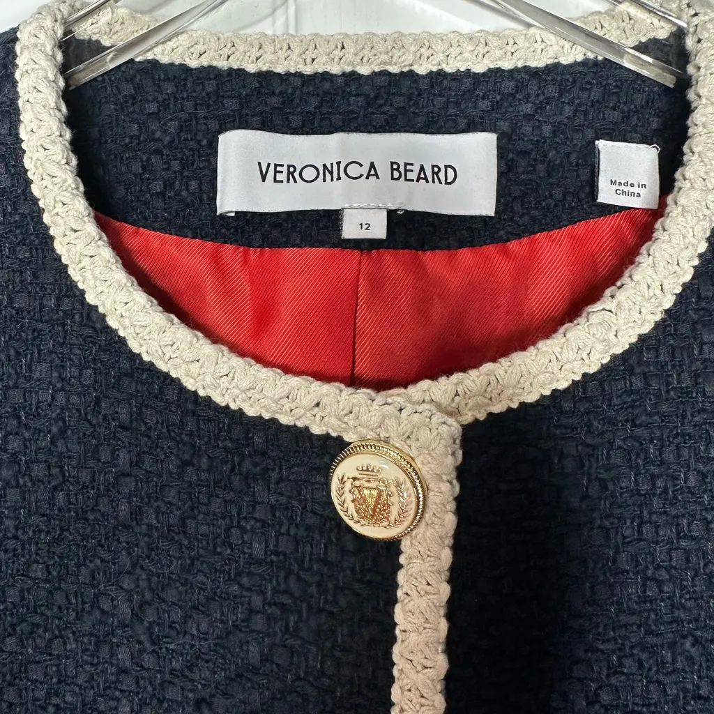 Veronica Beard Mabel Tweed Jacket Blazer Navy Ivory Trim Size 12 - Image 8