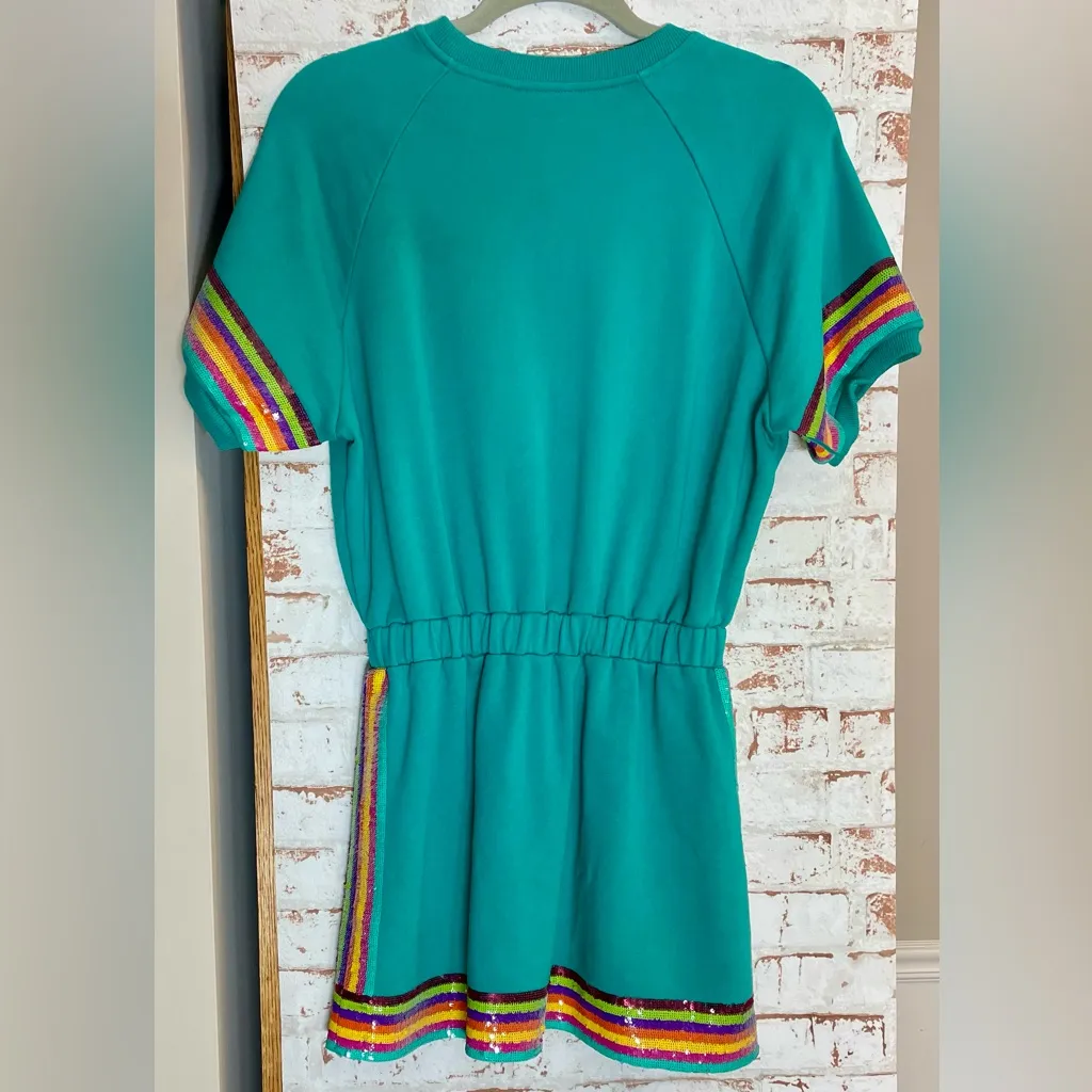 QUEEN OF SPARKLES Teal Mini Dress with Rainbow Stripes Green Size XS - Image 2