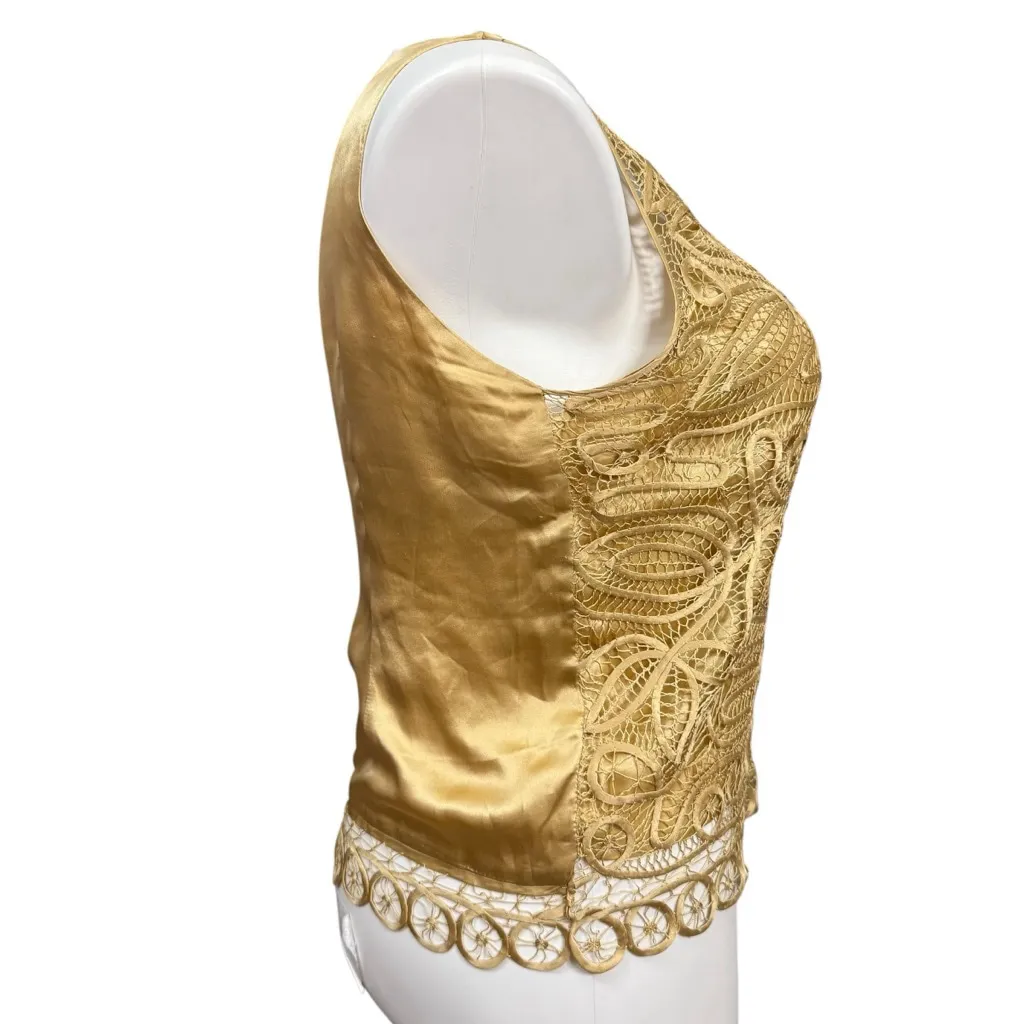 Soulmates 100% Silk Lace Overlay Tank Top Large Gold Sleeveless Evening Blouse - Image 4