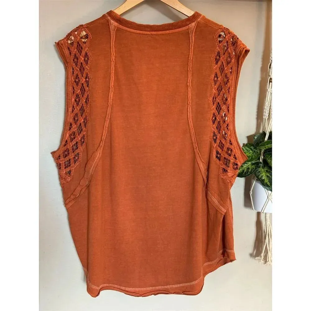 Free People Table for Two Tee Women's Orange Lace Sleeveless Top Size L Casual - Image 8