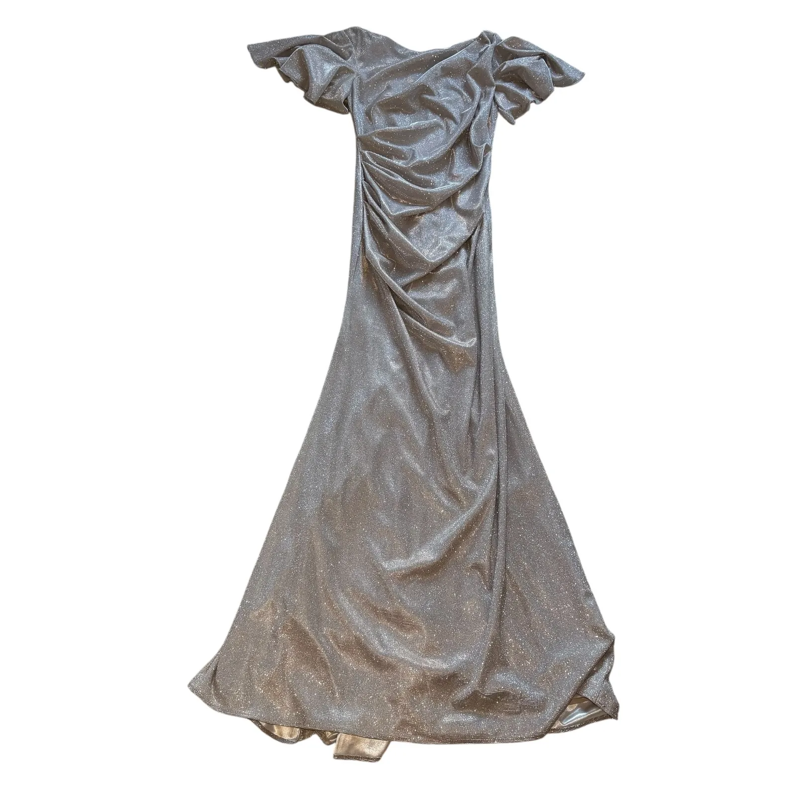 Betsy & Adam Silver Metallic Gown Evening Formal Dress Flutter Sleeve Size 4 EUC - Image 4