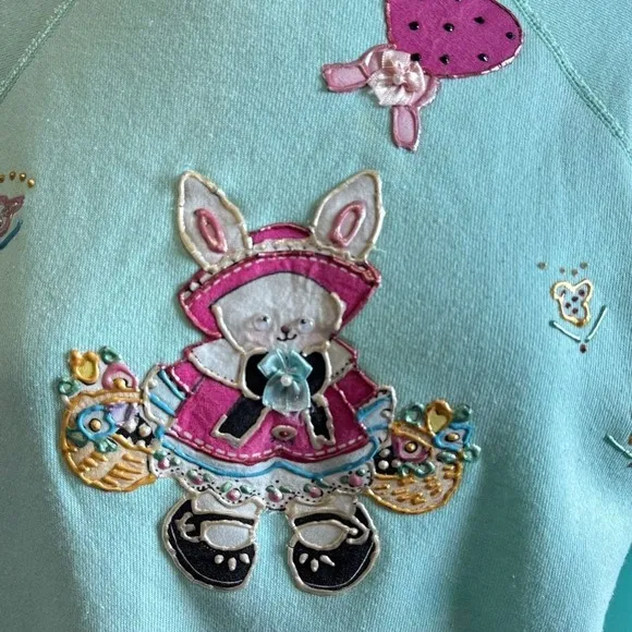 Vintage spring Bunny Applique Sweatshirt Pastel Whimsical Easter teacher Blue Size M - Image 9