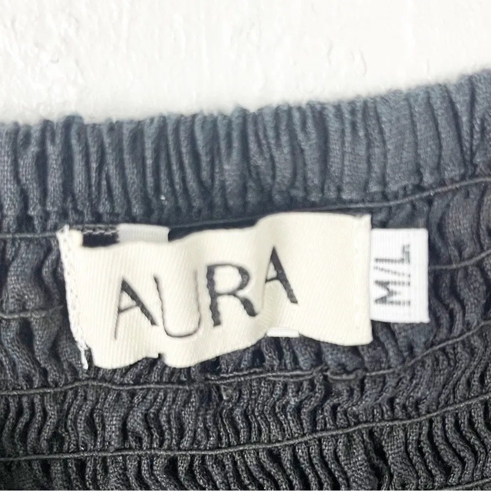 AURA Classic Black 100% Linen Smocked Top Puff Elastic Cuff Sleeve Dress Medium - Image 3