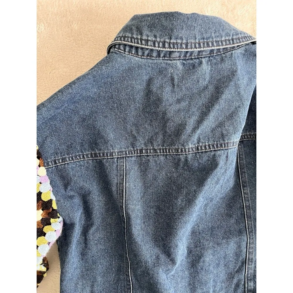 By Anthropologie Crochet Sleeve Denim Jacket Size Small Trucker 70's Boho Funky - Image 9