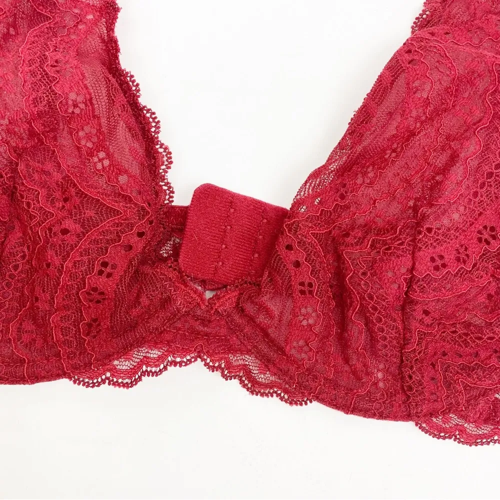 Intimately Free People Deep V Plunge Lace Underwire Bra: Crimson Red Burgundy - Image 4