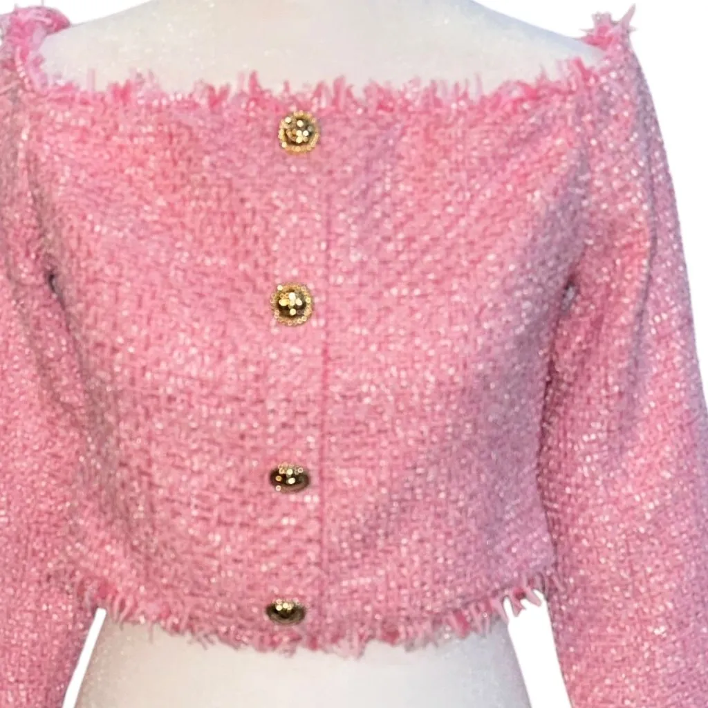 Endless Rose Off The Shoulder Tweed‎ Pink Long Sleeve Cropped Shirt Button Large - Image 3