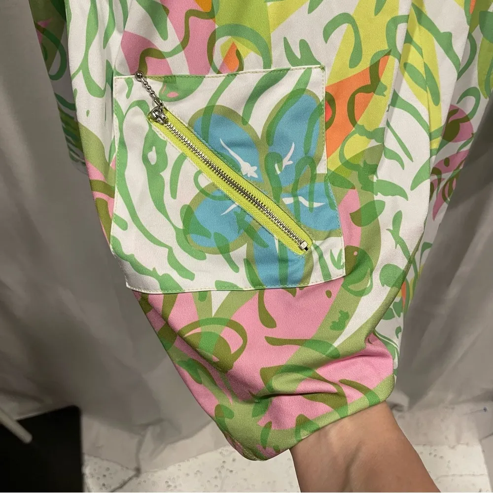 Vintage 90’s pastel jungle swirl zipper pocket zig zag hem jersey top scoop neck Green Size M - Image 7