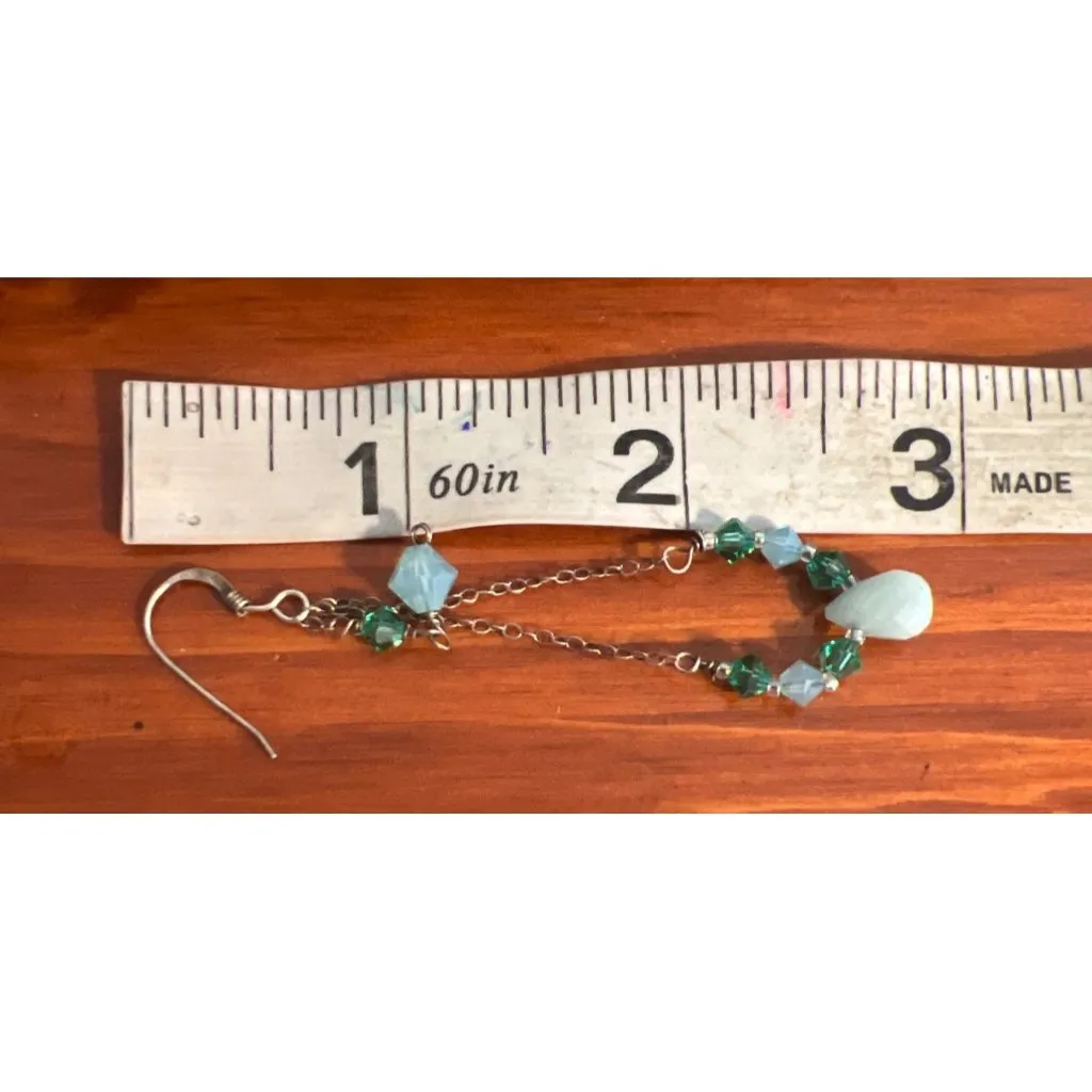 Vintage Sterling Silver Dangle Earrings Glass Faceted Beads Hooks Estate 3" Green - Image 5