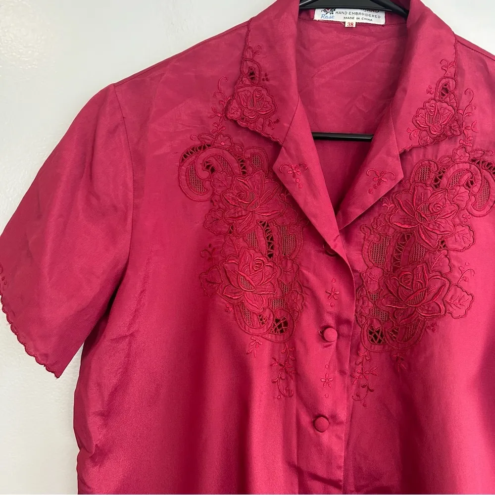 Vintage Rose Brand Wine Red Embroidered Short Sleeve Button Down Shirt Size M Size M - Image 6