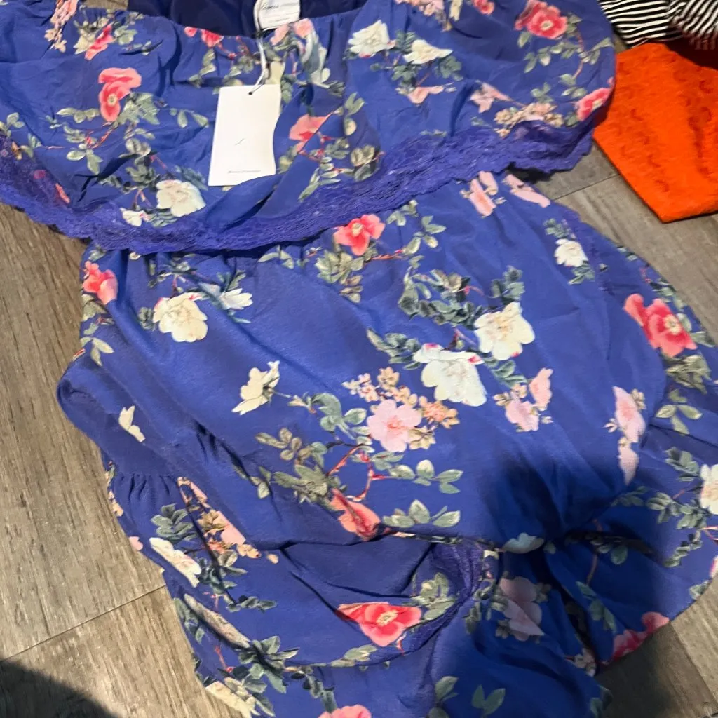 LOVERS + FRIENDS Elouise Tiered Midi Dress Off Shoulder Feeling Blue Floral XS - Image 13