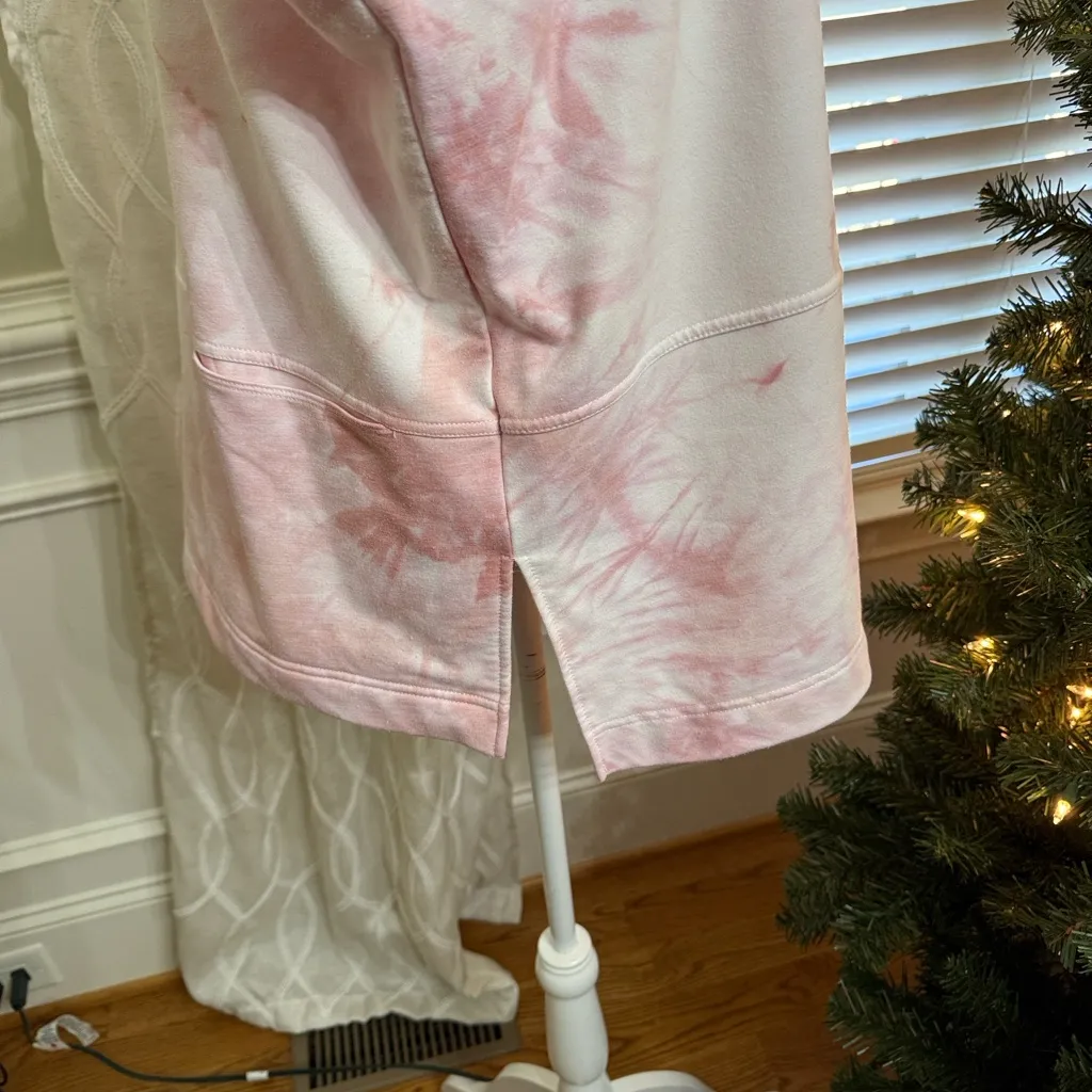 Melloday Tie Dye Hoodie Long Sleeve V Neck Pullover Pink White pockets XL - Image 5