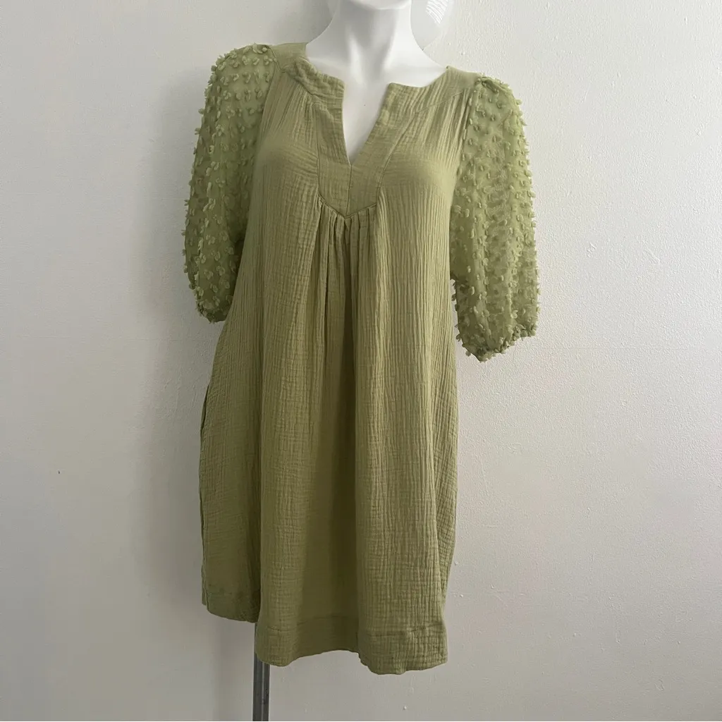 Umgee Olive Green Puff Sleeves V-Neck Textured Boho Casual Short Dress Medium - Image 7
