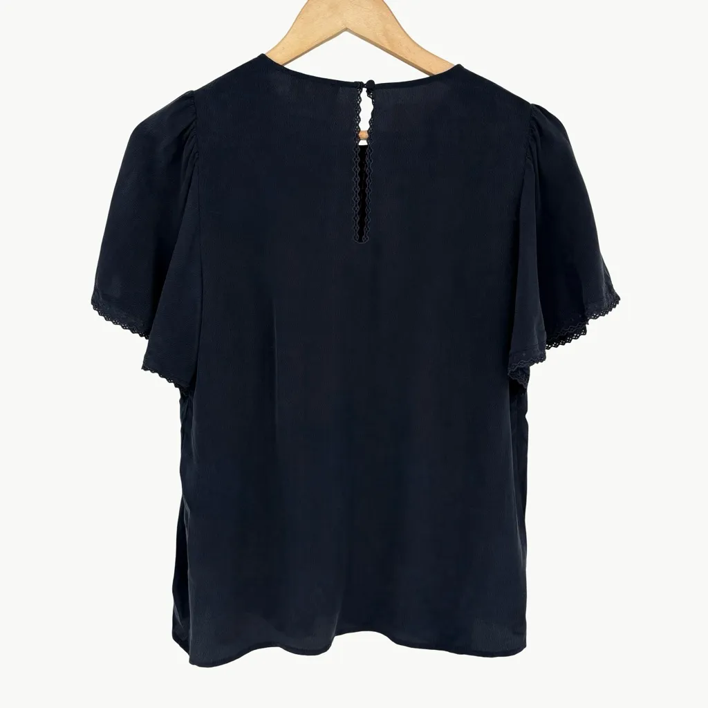 Sézane Matty Ruffle Silk Short Sleeve Blouse | Sz FR 38 (US 6) | Navy Blue - Image 4