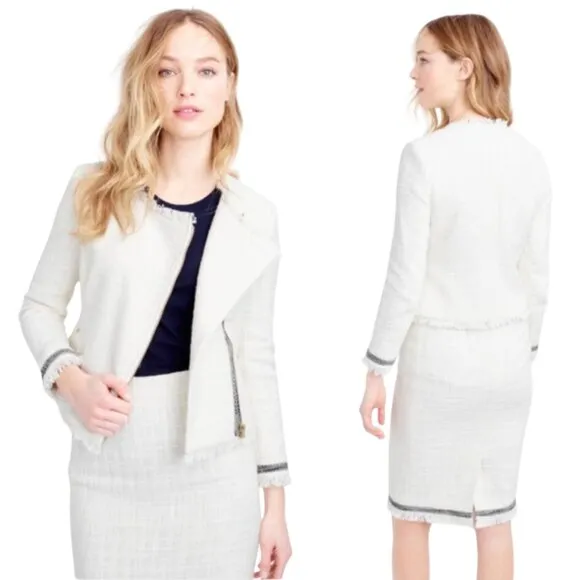 J.Crew Tweed Motorcycle Jacket with Fringe Women's 12 White Gold Career Preppy - Image 2
